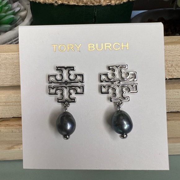 Tory Burch Jewelry - Tory Burch Britten Logo Pearl Silver Drop Earrings